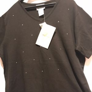 Quacker Factory Black Studded Tee Shirt v neck NWT